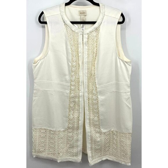 Chico's Women Vest Size XL Cream Sleeveless Lace Crochet Fringe Hem Outdoor New - Picture 1 of 10